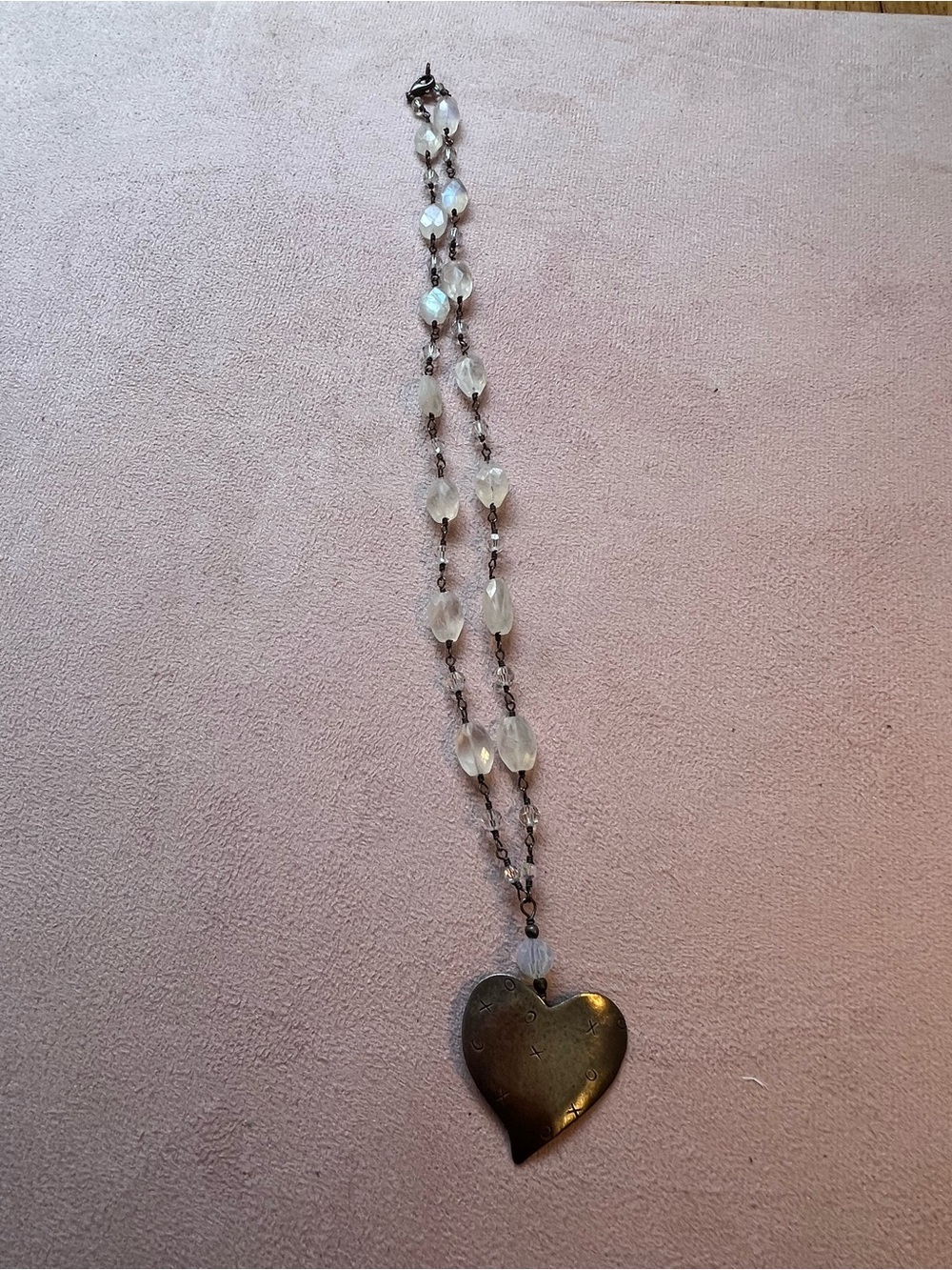 Moonstone and Crystal Bead Necklace with Heart Pendant